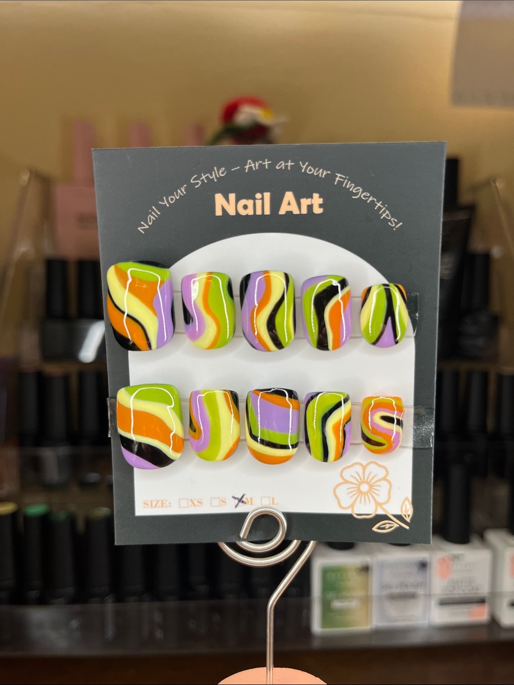 Press-On Nail Set - Pucci style Neon Green, Orange, Purple & Black size medium